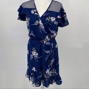 Miami Blue Floral Faux Wrap Dress Small